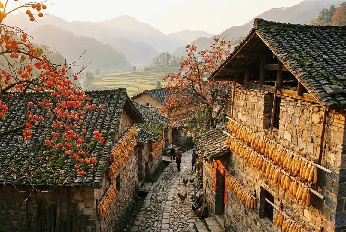 秋天的古村落，柿子树挂满红果，玉米晾晒在墙上 - 老汉推车| 秋收景象